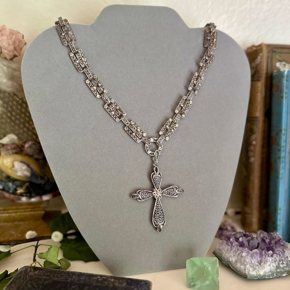 Ornate Antique Sterling Filigree Fancy Link Chain Necklace with Cross Pendant